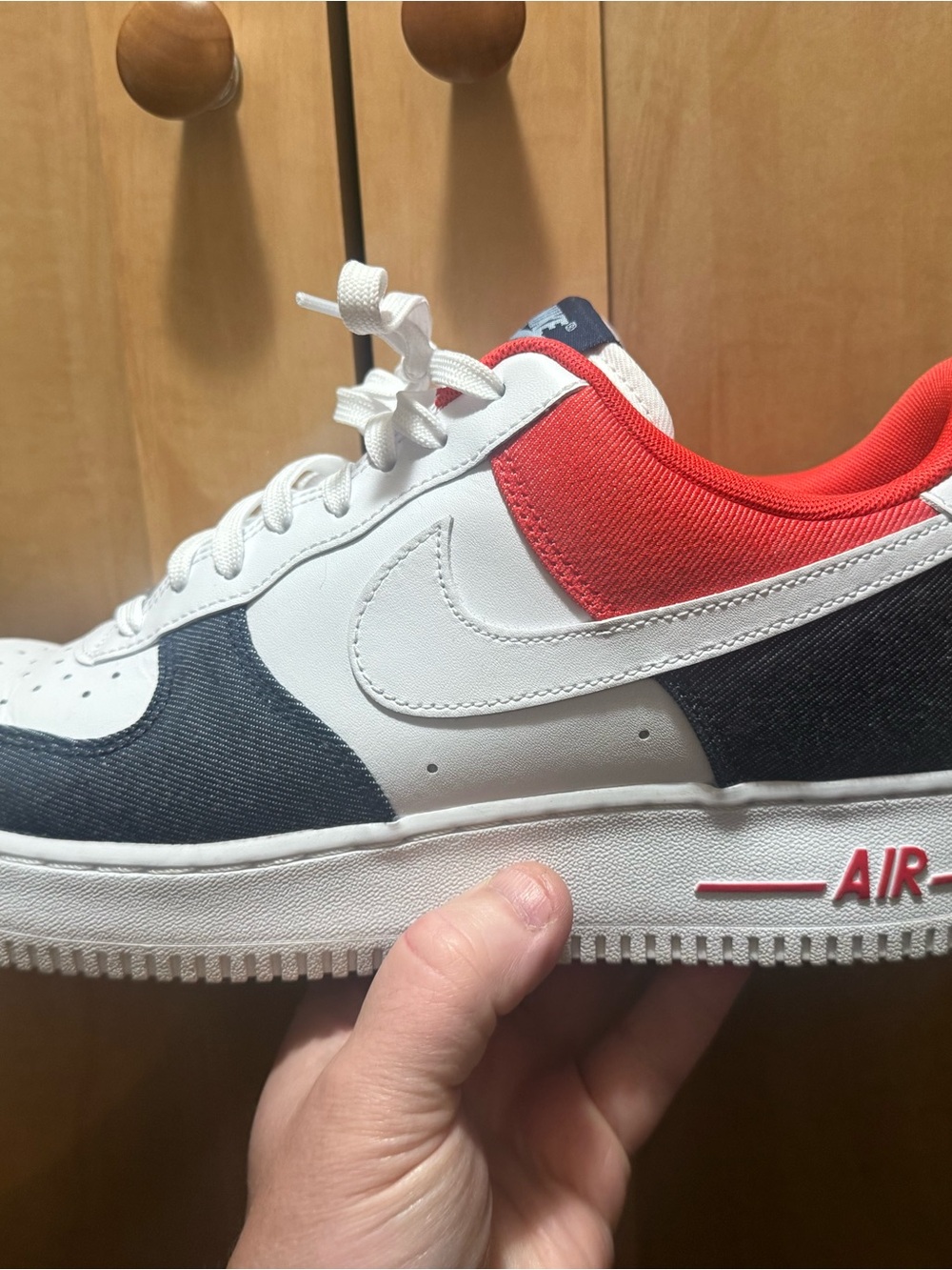 Nike Air Force 1 07’ XL white, red, and denim